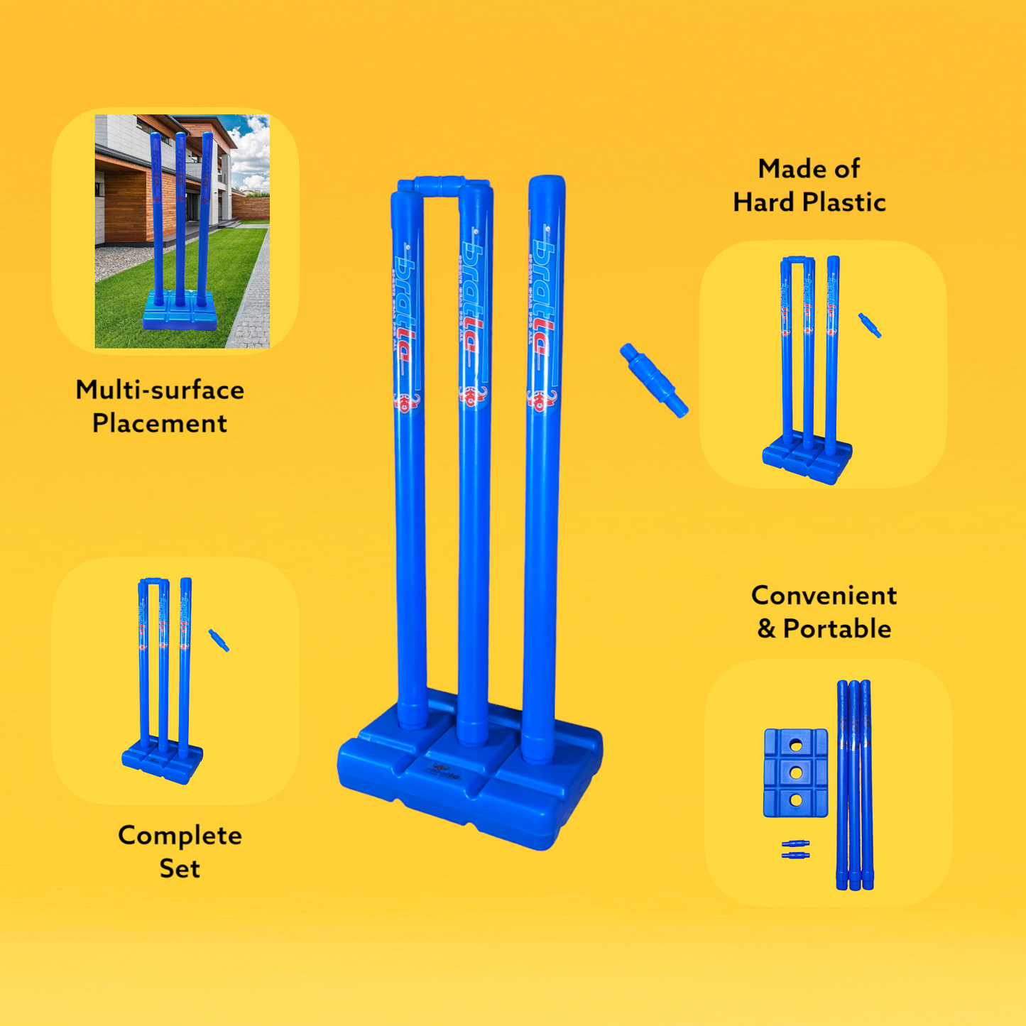 Bratla Pro Cricket Plastic Wicket Stumps with Base Blue Multi Surface Placement
