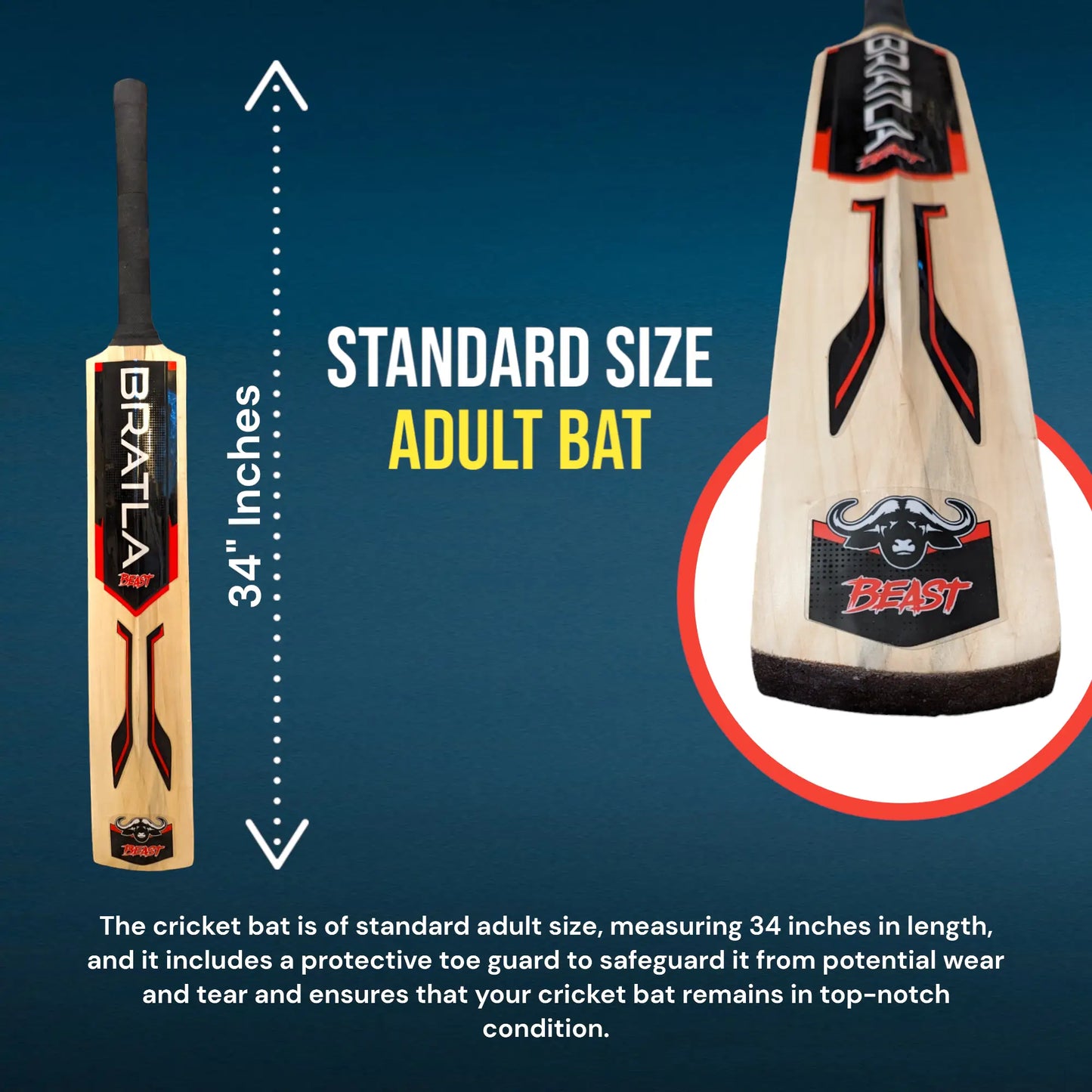 Bratla Beast Kashmir Willow Cricket Bat Adult - BATS - MENS KASHMIR WILLOW