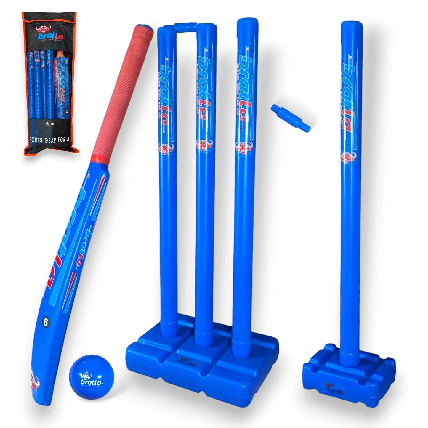 Bratla Cricket Set Size 6 - Blue Color | Includes Bat Wind Ball Stumps and Non-Striker Stump with Plastic Base - BATS - CRICKET SETS