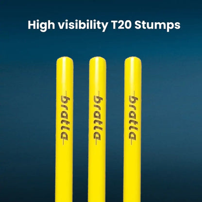 Bratla Cricket Stumps Wicket Neon Yellow High Quality Wooden Stumps Pack of 3 - STUMPS & BAILS