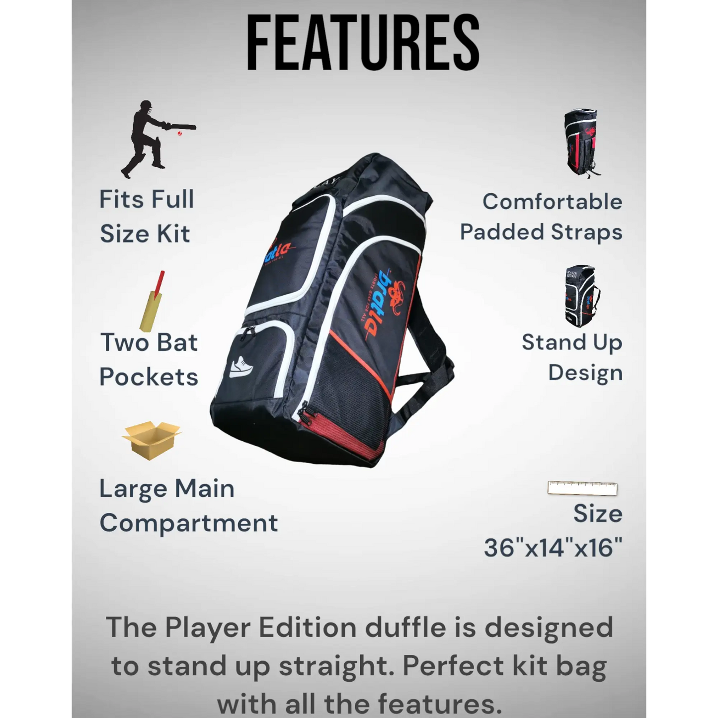 Bratla Player Edition Cricket Kit Bag Duffle for Full Size Kit with 7 Pockets Black - BAG - PERSONAL