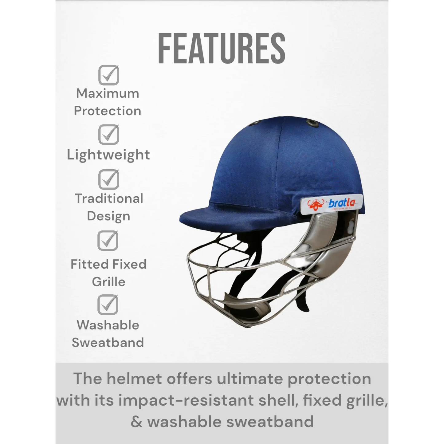 Bratla Cricket Helmet Navy With Extra Padding Neck guard Fixed Grille - HELMETS & HEADGEAR