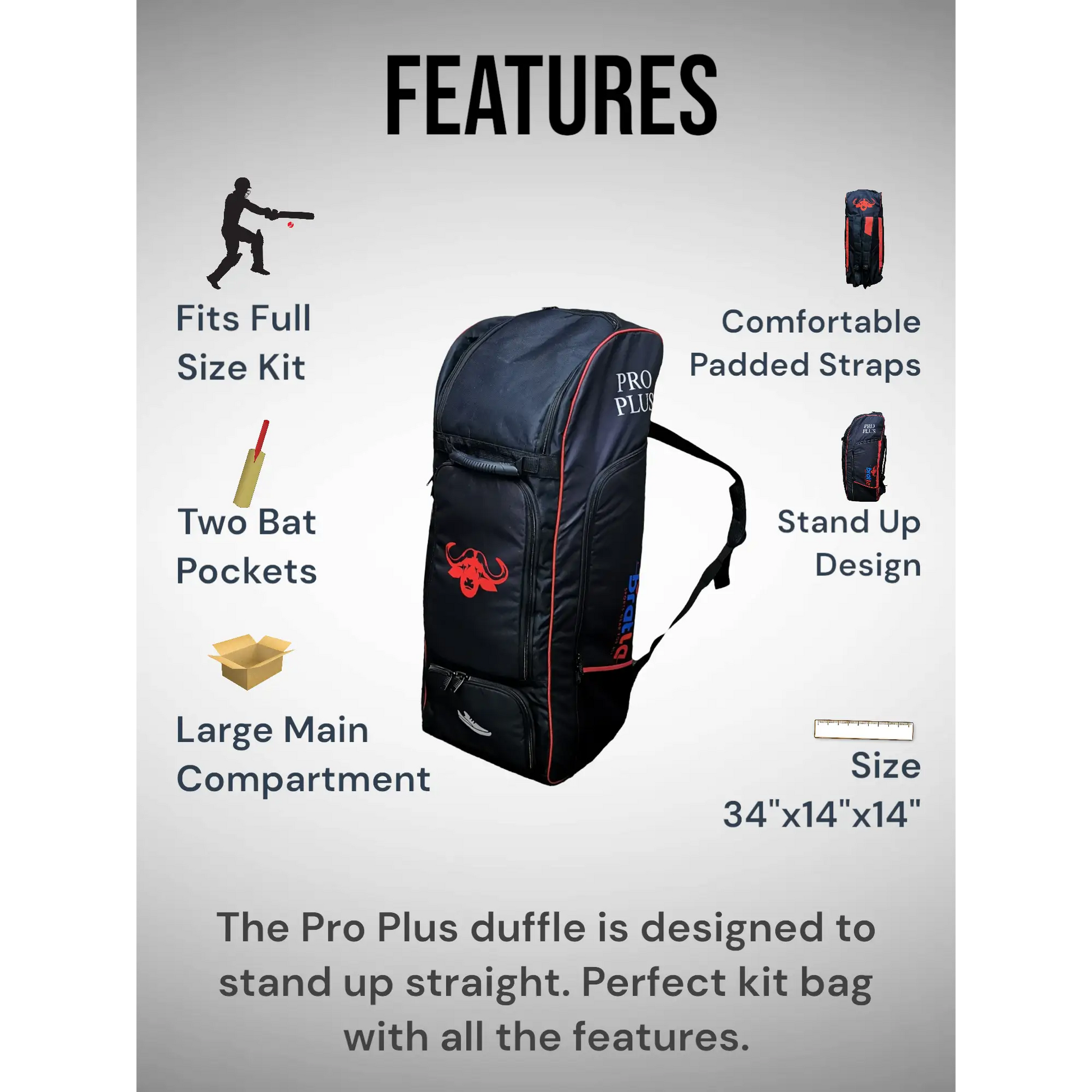 Bratla Pro Plus Cricket Kit Bag Duffle for Full Size Kit with 6 Pockets Black/Red - BAG - PERSONAL