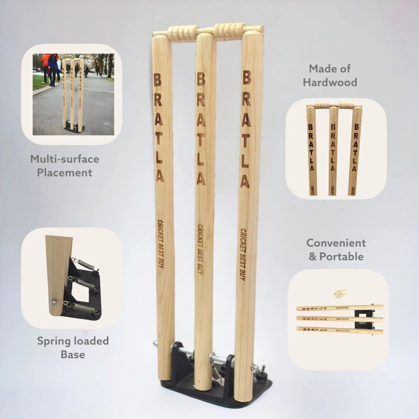 CBB Cricket Spring Back Return Wicket Stumps Pro Metal Base Multi Surface Placement - STUMPS