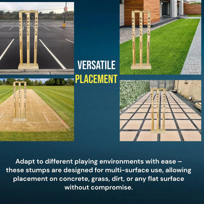 CBB Cricket Wicket Stumps Multi-Surface Placement with Wood Base - STUMPS