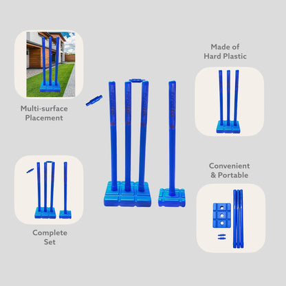 CBB Pro Cricket Plastic Wicket Stumps with Base Blue Multi Surface Placement - STUMPS